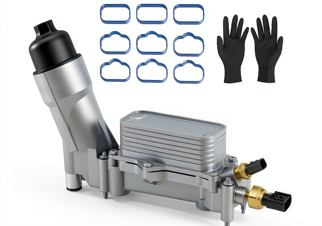 Installing XINLIN 926‑959 Aluminum Oil Filter Housing for Ram 1500 on a wooden garage bench